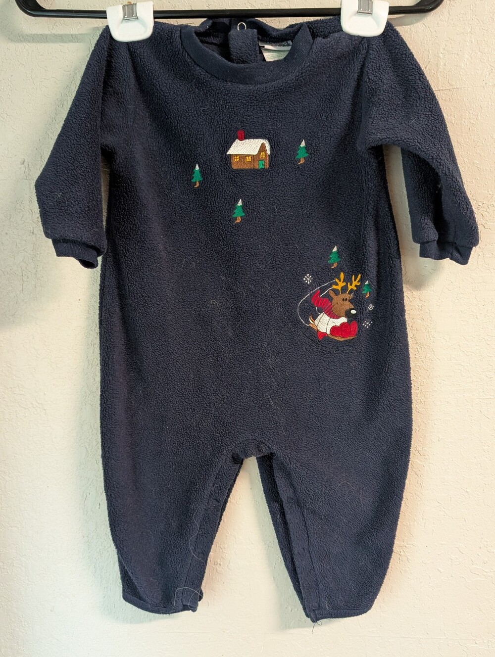 Vintage 90s Winter Sleeper 12 Mos Navy Americana Nostalgia Soft Deer Cabin Tree